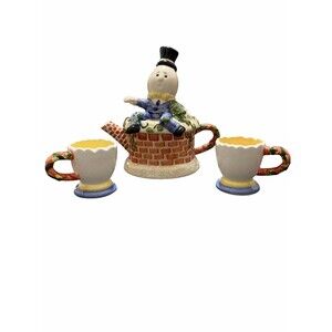 Vintage Humpty Dumpty Ceramic Teapot 2 Cups Designpac Red Brick Wall 7.25" H